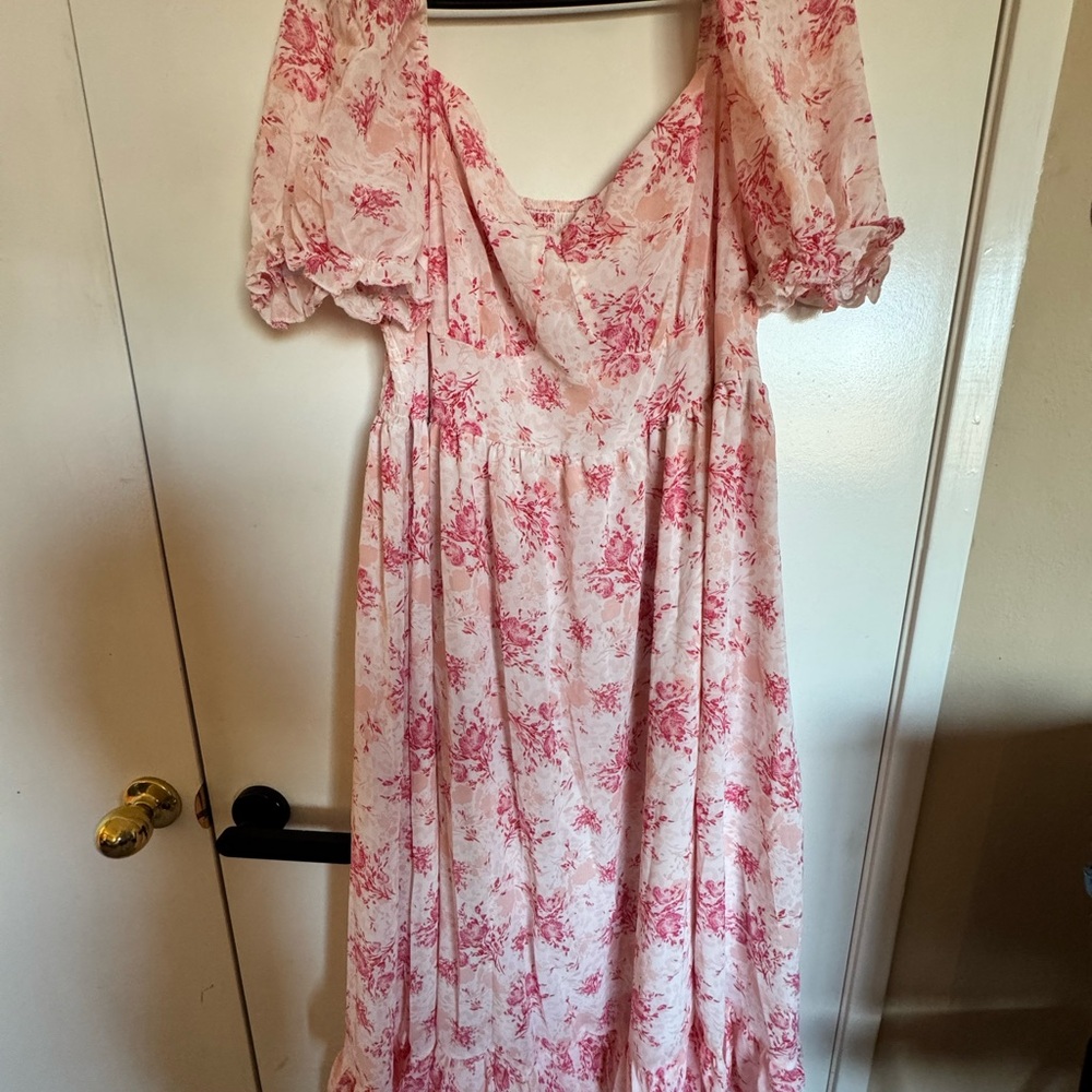 SHEIN Pink Floral Puff-Sleeve Midi Dress